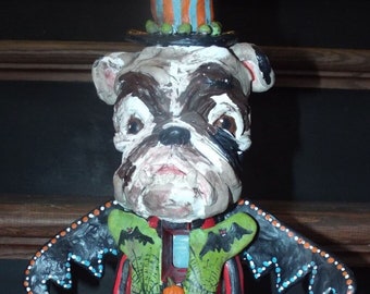 Folk Art New English Bulldog Halloween Bat w Jols Nutcracker Vintage Nostalgic