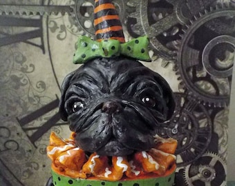 Folk Art Vintage Black Pug Halloween Trick or Treat Dog Doll Candy Container