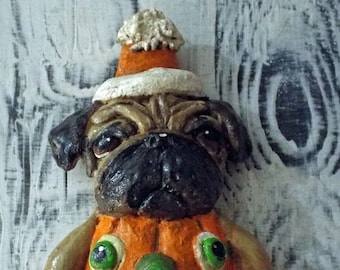 Folk Art Whimsical Pug Halloween Pumpkin Dog Ornament