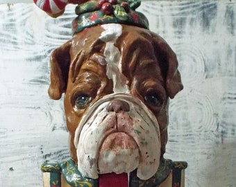 Folk Art English Bulldog Santa Claus Nutcracker Character Art Vintage Style Custom Order