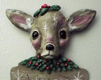 New Vintage Style Farmhouse Sculpted Deer Clay Wood Sign