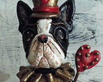 Folk Art Boston Terrier Dog King of Hearts Vintage Style Handmade Character Art