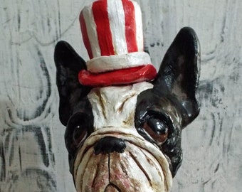 Folk Art Americana Boston Terrier Dog New Vintage Style Sculpture Figurine