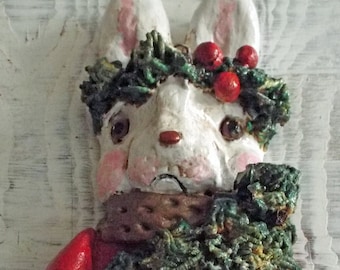 Folk Art Christmas Rabbit Bunny Holiday Ornament Vintage Style