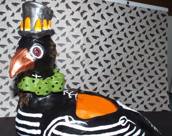 New Folk Art Halloween Skeleton Raven Crow Pottery Pot Art Piece One of a Kind