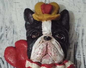 Folk Art Boston Terrier Dog King of Hearts Ornament holding Bunny Vintage style, Valentine' Easter