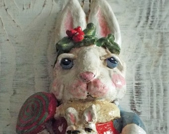 Folk Art Christmas Bunny With Gingerbread Vintage Style Bakers Clay Ornament