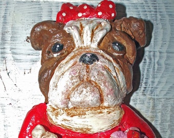 Folk Art English Bulldog Cup Cake Girl Baker Clay Ornament