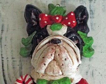 Folk Art New Vintage Style Boston Terrier Girl Christmas Grinch Ornament