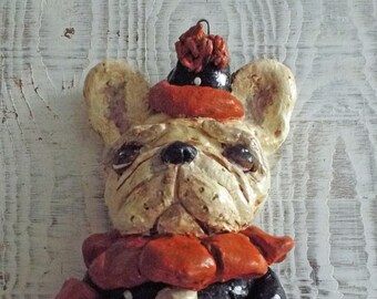 Handmade English Bulldog Halloween Clown Ornament Folk Art Style