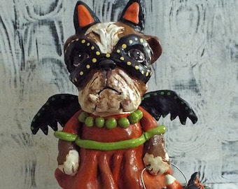 Folk Art Nostalgic English Bulldog Bat Girl Trick or Treat Doll Sculpture