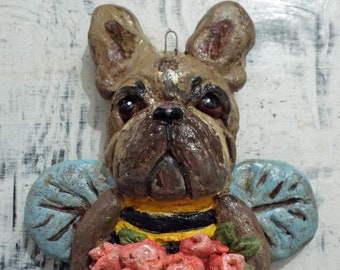 Folk Art French Bulldog Bee Ornament Nostalgic Vintage New Character Art