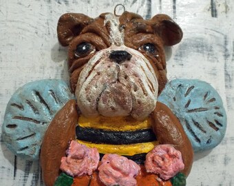 Folk Art French Bulldog Bee Ornament Roses & Pumpkin Baker Clay Character Art