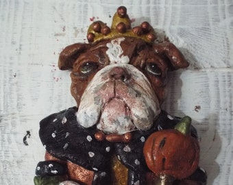 Folk Art Custom Dog Halloween Ornament Bulldog Pumpkin King Character Art