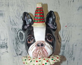 New FolkArt Boston Terrier Dog Pottery Jar Pot Handmade Christmas Santa