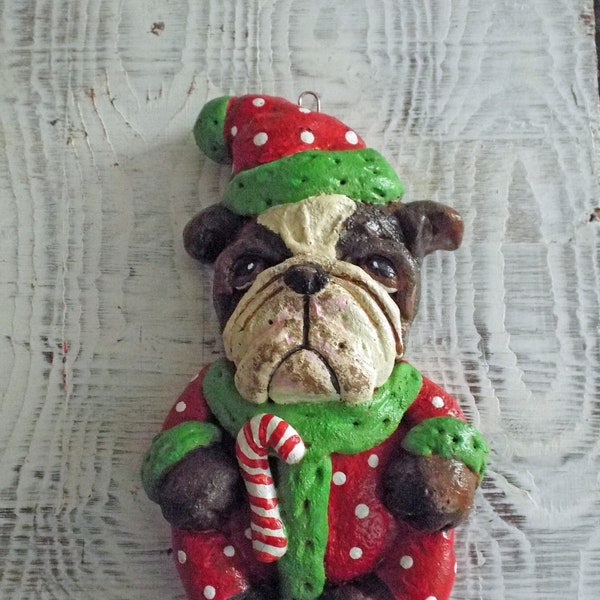 Folk Art Christmas English Bulldog Vintage Style Bakers Clay Ornament