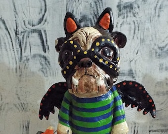 Folk Art Vintage Style English Bulldog Halloween Bat Boy Trick or Treat Doll Sculpture