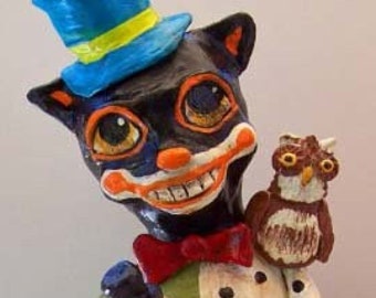 Folk Art Whimsical Halloween Black Cat Owl Skeleton Vintage Nostalgic Doll