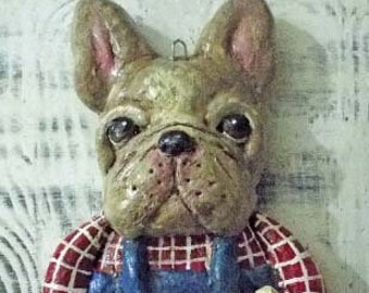 Folk Art French Bull Dog Easter Farm Elf Ornament Vintage Style Character Art