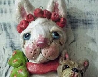 Folk Art Bunny Rabbit French Bull Dog Easter Ornament Hand Made Character Art