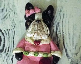 Folk Art Vintage Style Boston Terrier Dog Valentine Ornament Bakers Clay