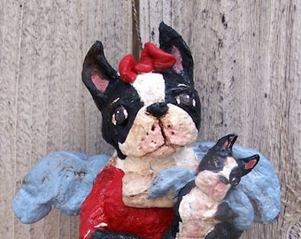 Folk Art New Boston Terrier Angel Dog Doll w Pup Vintage Nostalgic Style