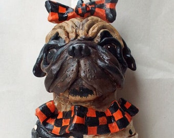 Folk Art Vintage Style Pug Halloween Trick or Treat Dog Doll Container