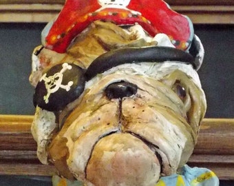 New Folk Art English Bulldog Dog Pirate Mache Container Vintage Halloween