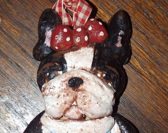 New Whimsical Folk Art Boston Terrier Dog Raggedy Ann Ornament Doll Vintage Style