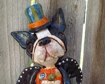 Folk Art Boston Terrier Dog Halloween Bat Doll with Pumpkin Bat Hand made