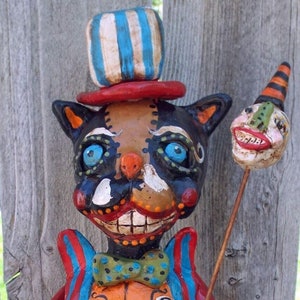 Whimsical Folk Art Cat Dapper Black Cat and Skeleton Cane Halloween Doll