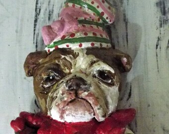 Folk Art English Bull Dog Elf Ornament Handmade by Cindee Bouge Vintage Style Bakers Clay Decoration