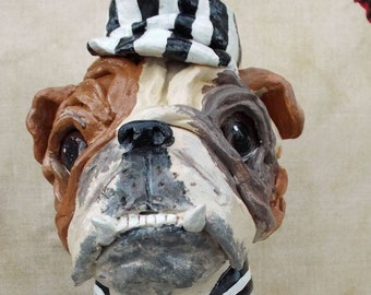 Vintage Folk Art Nostalgic English Bulldog Bull Dog Doll Jail Stripes Jail Bird