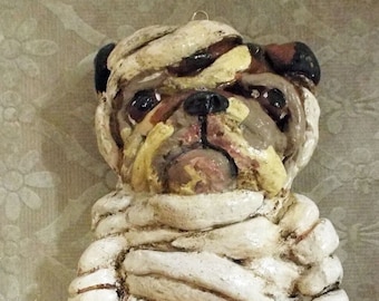 Folk Art English Bulldog Mummy Halloween Ornament Vintage Style New