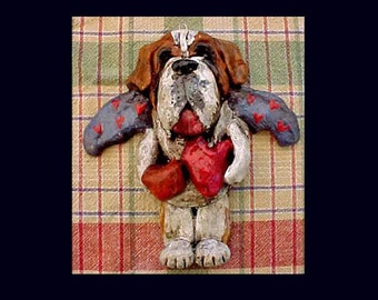 Folk Art Saint Bernard Bakers Clay with Heart, Wings Ornament Vintage Style Valentines