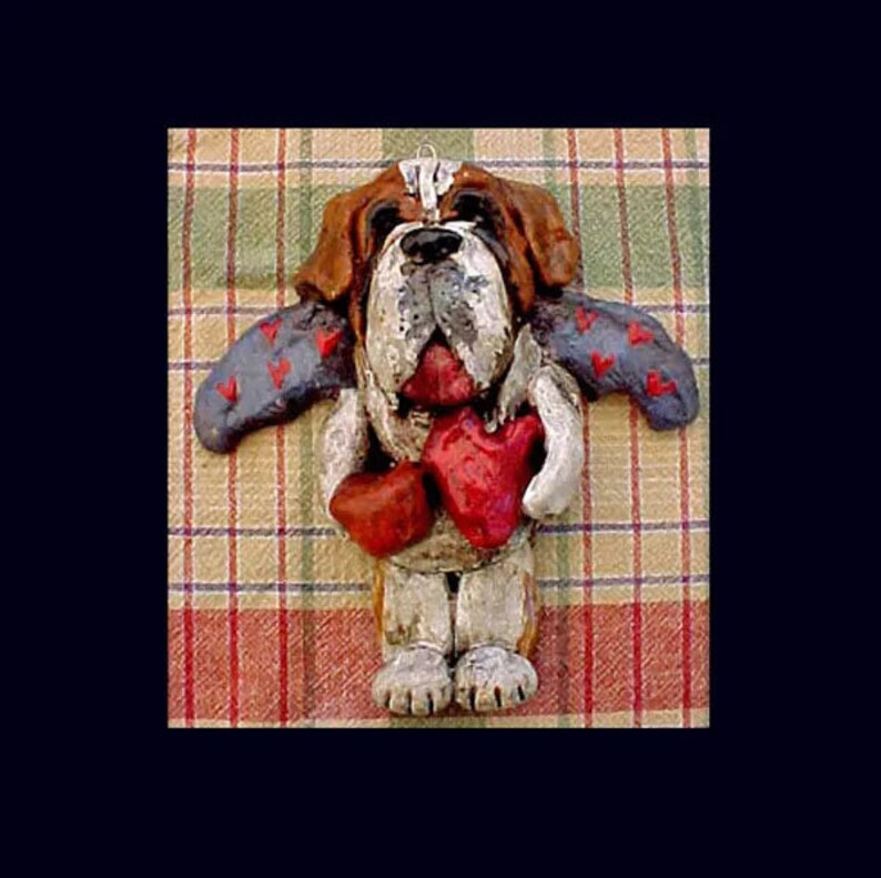 Folk Art Saint Bernard Bakers Clay with Heart, Wings Ornament Vintage Style Valentines image 1