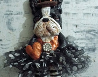 Adorable Boston Terrier Dog Doll Halloween Witch With Heart Bakers Clay Ornament