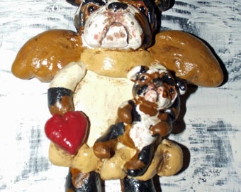 Folk Art English Bulldog Dog Angel W Heart Puppy Bull Dog Ornament