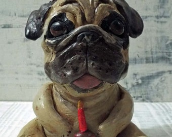 Folk Art Pug Dog Party Figurine Handmade Character Art