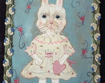 Vintage Style Bunny Rabbit Card Easter Decoration Folk Art Antique Style Decor Farm House