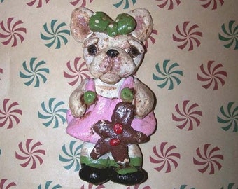 Folk Art Bakers Clay ornament French Bulldog Holiday Ornament One of a kind