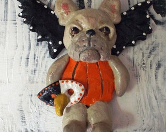 Folk Art French Bulldog Bat Halloween Ornament New Vintage Nostalgic