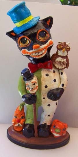 Folk Art Whimsical Halloween Black Cat Owl Skeleton Vintage Nostalgic Doll