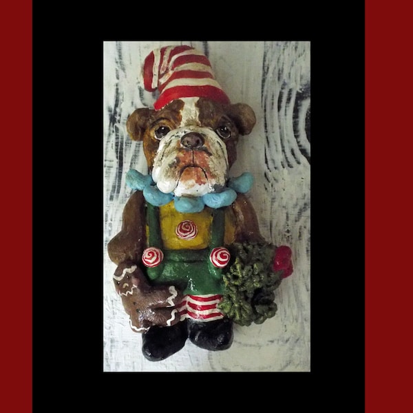 Folk Art Bakers Clay English Bulldog Elf Ornament Gnome Ornie Handmade Ornament