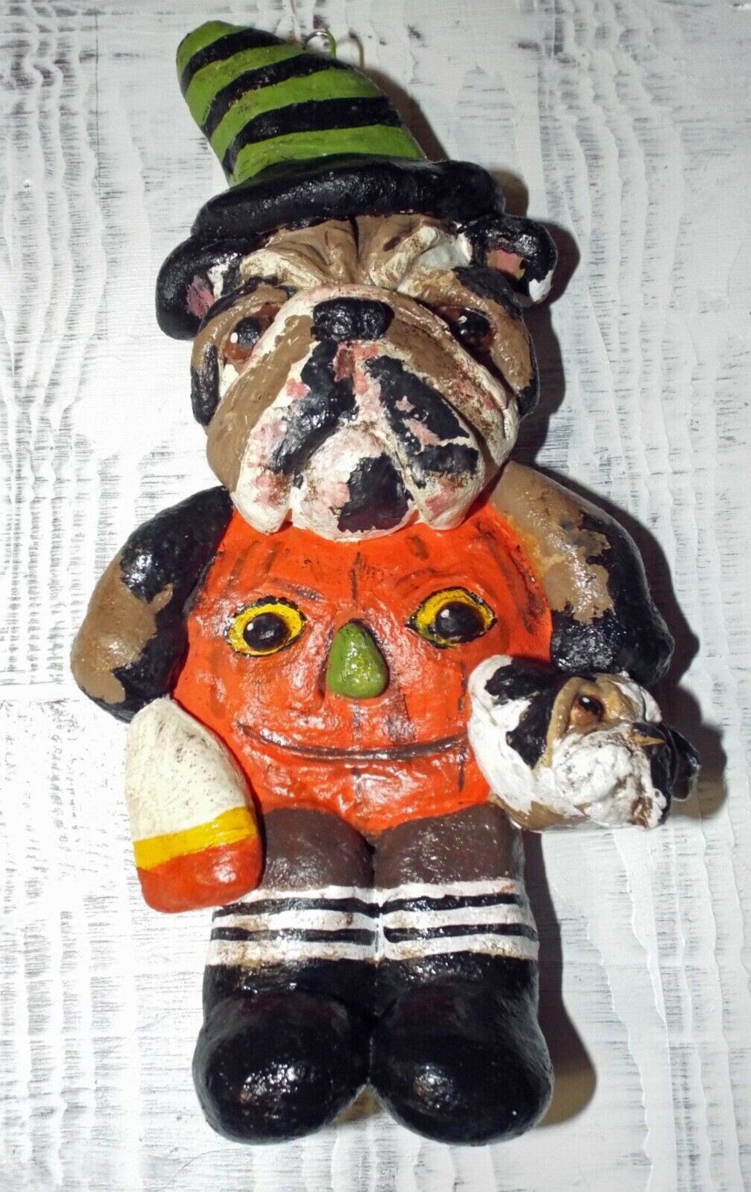 New Vintage Style English Bulldog Halloween Pumpkin Witch Ornament Folk
