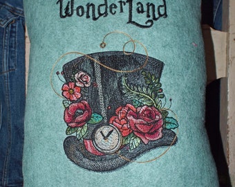 Wonderland Hat Pillow Machine Embroidered Wonder Land Tea Time Pillow