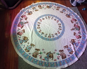 Vintage Farmhouse Table Cloth Easter Bunny Bunnies Round Tablecloth