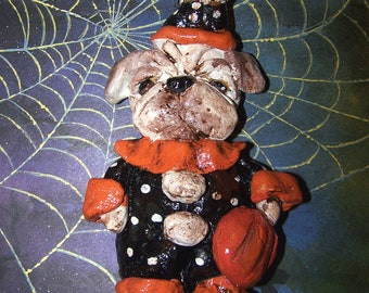 Vintage Folk Art English Bulldog Dog Halloween Party Vintage Style Ornament