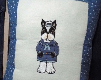 Folk Art Character Art Boston Terrier Dog Sailor Handmade Machine Embroidered Pillow