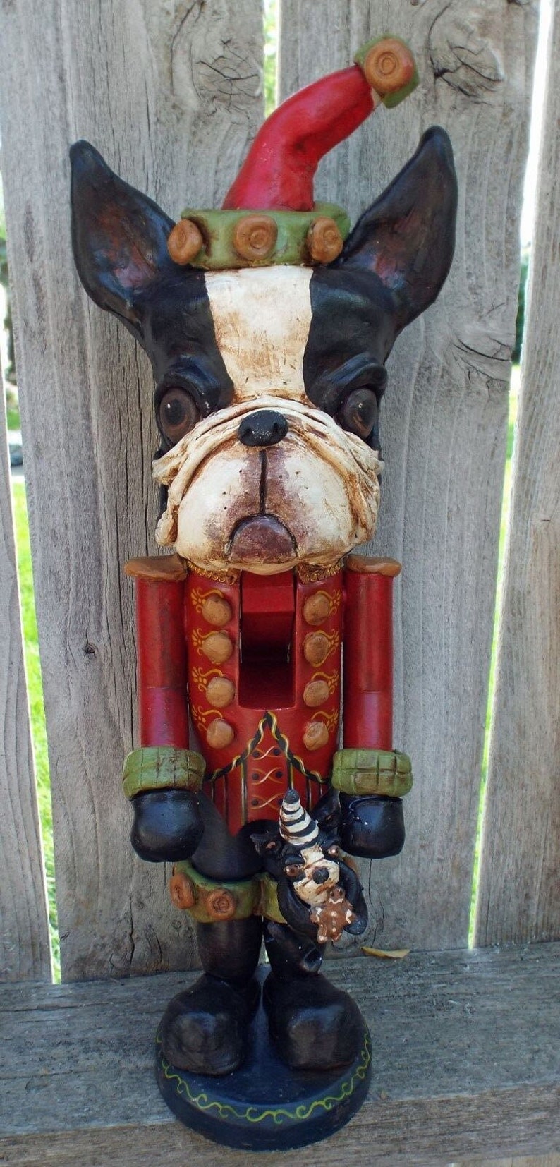 New Folk Art Boston Terrier Dog Nutcracker Soldier Vintage Style image 1